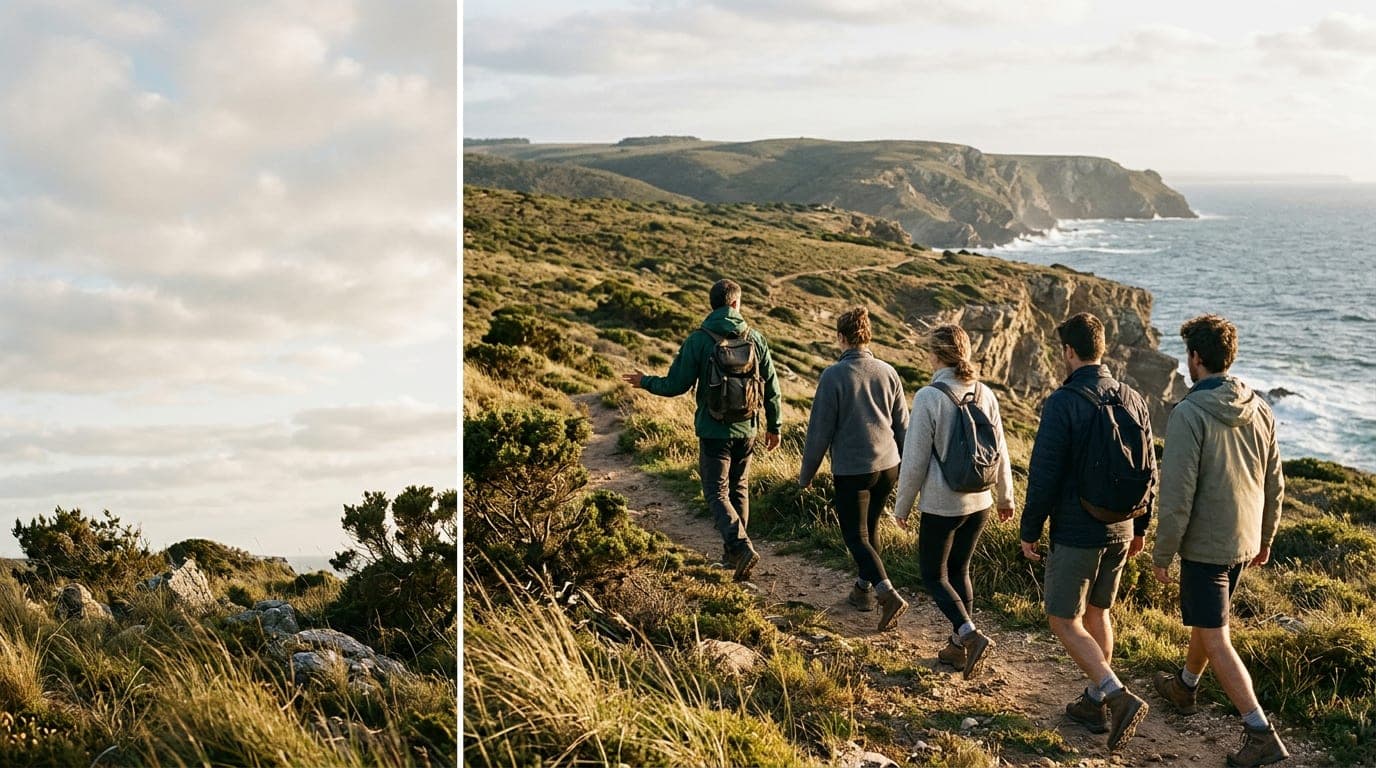 A small group of tourists walking on a scenic trail with a guide, surrounded by natural landscape under clear sky.